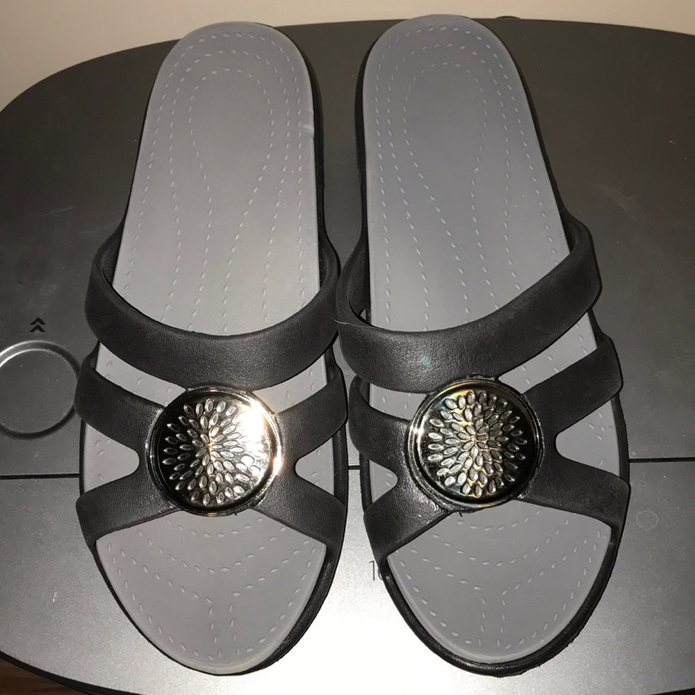 Women's Black Slide Sandals with Silver Medallion